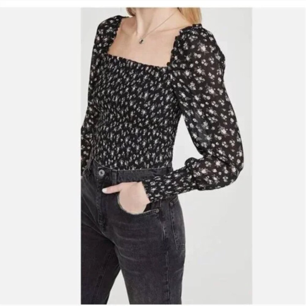 REFORMATION Pinto Smocked Floral Print Top Black Freesia Size M